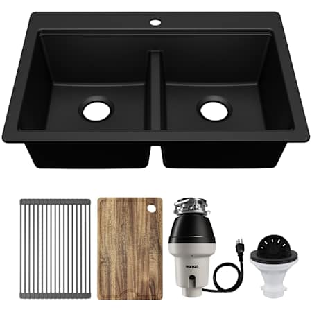 Karran USA Quartz Workstations 33" Drop In Double Basin Quartz Composite Kitchen Sink - Includes Drying Rack, Acacia Cutting Board, Garbage Disposal, Strainer Black