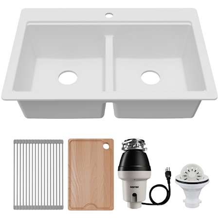 Karran USA Quartz Workstations 33" Drop In Double Basin Quartz Composite Kitchen Sink - With Drying Rack, Fiberboard Cutting Board, Garbage Disposal, Strainer White