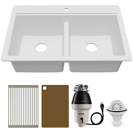 Karran USA Quartz Workstations 33" Drop In Double Basin Quartz Composite Kitchen Sink - Includes Drying Rack, Cutting Board, Garbage Disposal, and ABS Strainer White