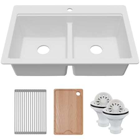 Karran USA Quartz Workstations 33" Drop In Double Basin Quartz Composite Kitchen Sink - Includes Drying Rack, Fiberboard Cutting Board, and ABS Strainers White