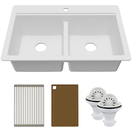 Karran USA Quartz Workstations 33" Drop In Double Basin Quartz Composite Kitchen Sink - Includes Drying Rack, Cutting Board, and 2 ABS Strainers White