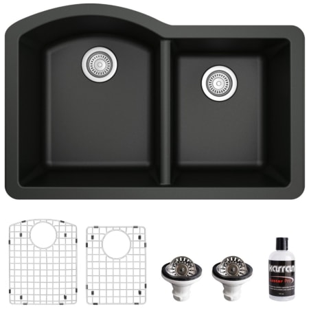Karran USA Quartz QU 32" Undermount Double Basin Quartz Composite Kitchen Sink with Basin Rack and Basket Strainer Black