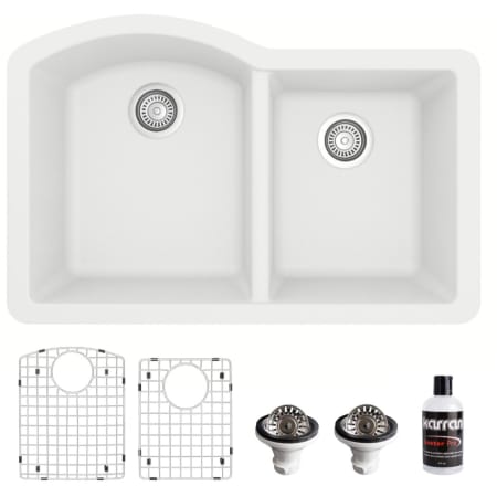 Karran USA Quartz QU 32" Undermount Double Basin Quartz Composite Kitchen Sink with Basin Rack and Basket Strainer White