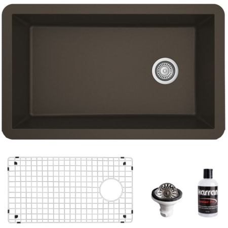 Karran USA Quartz QU 31-3/4" Undermount Single Basin Quartz Composite Kitchen Sink with Basin Rack and Basket Strainer Brown