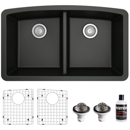 Karran USA Quartz QU 32" Undermount Double Basin Quartz Composite Kitchen Sink with Basin Rack and Basket Strainer Black