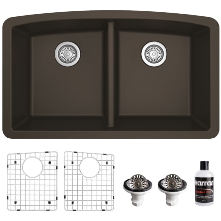 Karran USA Quartz QU 32" Undermount Double Basin Quartz Composite Kitchen Sink with Basin Rack and Basket Strainer Brown