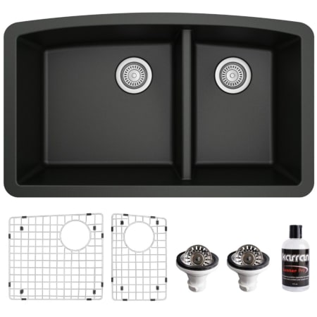 Karran USA Quartz QU 32" Undermount Double Basin Quartz Composite Kitchen Sink with Basin Rack and Basket Strainer Black