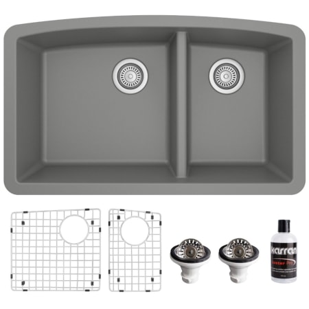Karran USA Quartz QU 32" Undermount Double Basin Quartz Composite Kitchen Sink with Basin Rack and Basket Strainer Grey