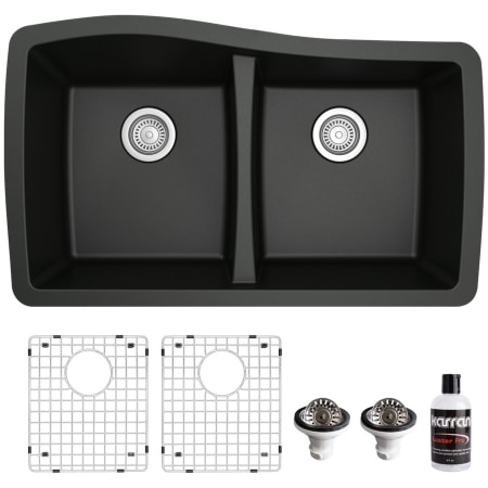 Karran USA Quartz QU 33-1/2" Undermount Double Basin Quartz Composite Kitchen Sink with Basin Rack and Basket Strainer Black
