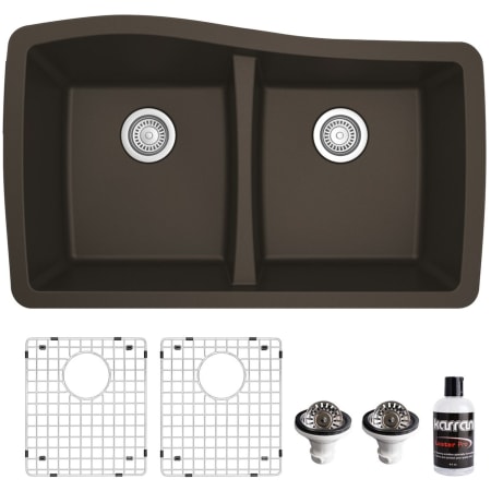 Karran USA Quartz QU 33-1/2" Undermount Double Basin Quartz Composite Kitchen Sink with Basin Rack and Basket Strainer Brown