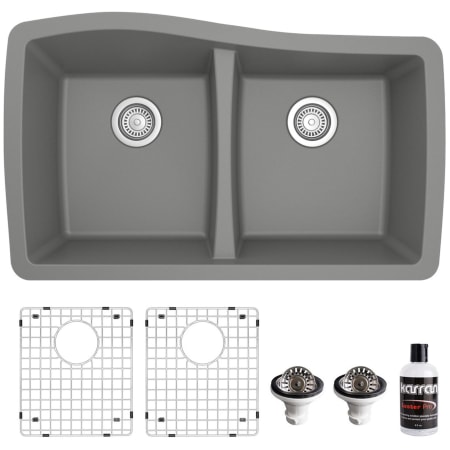 Karran USA Quartz QU 33-1/2" Undermount Double Basin Quartz Composite Kitchen Sink with Basin Rack and Basket Strainer Grey