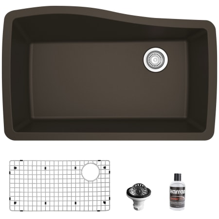 Karran USA Quartz QU 33-1/2" Undermount Single Basin Quartz Composite Kitchen Sink with Basin Rack and Basket Strainer Brown