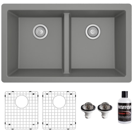 Karran USA Quartz QU 32" Undermount Double Basin Quartz Composite Kitchen Sink with Basin Rack and Basket Strainer Grey