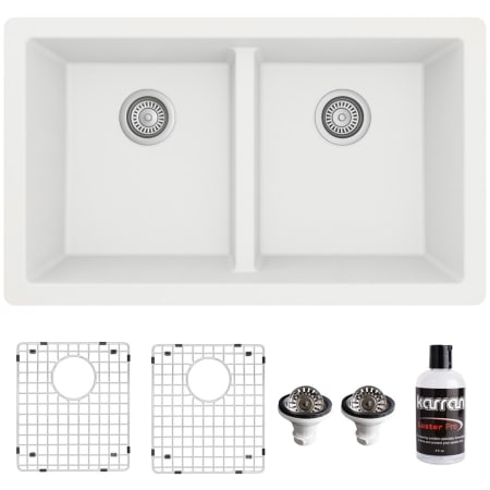 Karran USA Quartz QU 32" Undermount Double Basin Quartz Composite Kitchen Sink with Basin Rack and Basket Strainer White