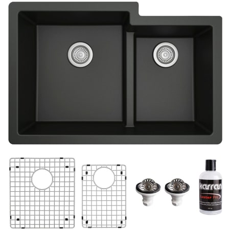 Karran USA Quartz QU 32" Undermount Double Basin Quartz Composite Kitchen Sink with Basin Rack and Basket Strainer Black
