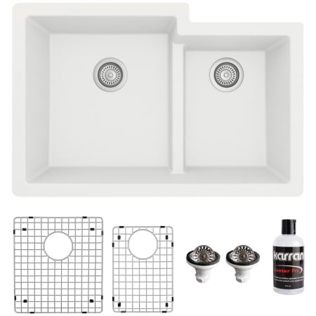 Karran USA Quartz QU 32" Undermount Double Basin Quartz Composite Kitchen Sink with Basin Rack and Basket Strainer White