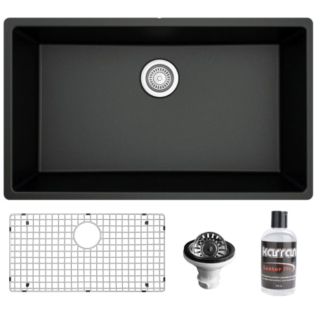 Karran USA Quartz QU 32-1/4" Undermount Single Basin Quartz Composite Kitchen Sink with Basin Rack and Basket Strainer Black