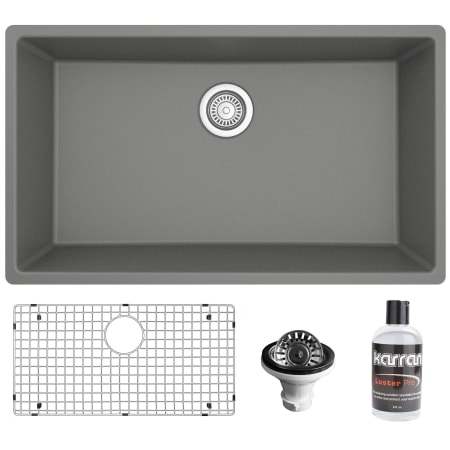 Karran USA Quartz QU 32-1/4" Undermount Single Basin Quartz Composite Kitchen Sink with Basin Rack and Basket Strainer Grey