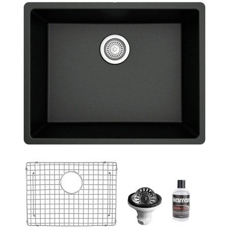 Karran USA Quartz QU 24-3/8" Undermount Single Basin Quartz Composite Kitchen Sink with Basin Rack and Basket Strainer Black