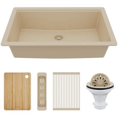 Karran USA Quartz Undermount Sinks 33" Undermount Single Basin Quartz Composite Kitchen Sink with Basket Strainer, Colander and Cutting Board Bisque