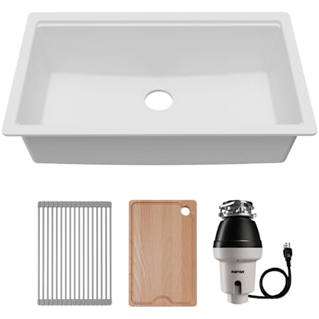 Karran USA Quartz Workstations 33" Undermount Single Basin Quartz Composite Kitchen Sink - Includes Drying Rack, Cutting Board, and Garbage Disposal White