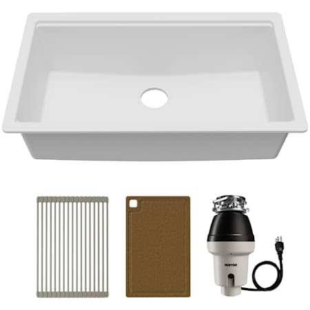 Karran USA Quartz Workstations 33" Undermount Single Basin Quartz Composite Kitchen Sink - Includes Drying Rack, Acacia Cutting Board, and Garbage Disposal White