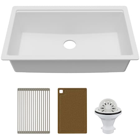 Karran USA Quartz Workstations 33" Undermount Single Basin Quartz Composite Kitchen Sink - Includes Drying Rack, Acacia Cutting Board, and ABS Strainer White