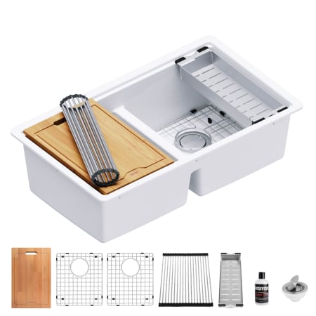 Karran USA 32-1/2" Undermount Double Basin Quartz Composite Kitchen Sink with Basin Rack, Basket Strainer, Colander and Cutting Board White