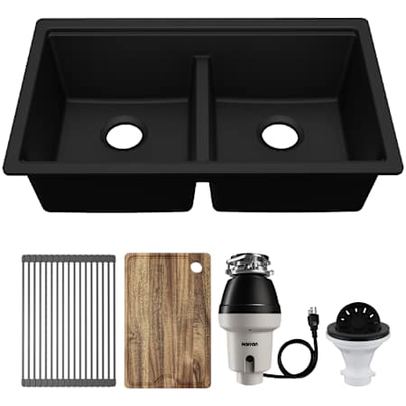 Karran USA Quartz Workstations 33" Undermount Double Basin Quartz Composite Kitchen Sink - With Drying Rack, Cutting Board, Garbage Disposal, and Strainer Black