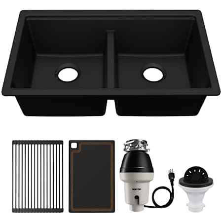 Karran USA Quartz Workstations 33" Undermount Double Basin Quartz Composite Kitchen Sink - With Drying Rack, Fiberboard Cutting Board, Garbage Disposal, Strainer Black