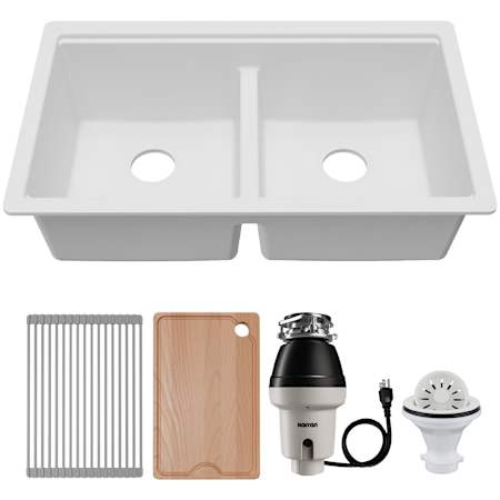 Karran USA Quartz Workstations 33" Undermount Double Basin Quartz Composite Kitchen Sink - Includes Drying Rack, Cutting Board, Garbage Disposal, and Strainer White