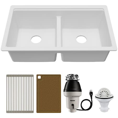 Karran USA Quartz Workstations 33" Undermount Double Basin Quartz Composite Kitchen Sink - Includes Drying Rack, Acacia Cutting Board, Garbage Disposal, Strainer White