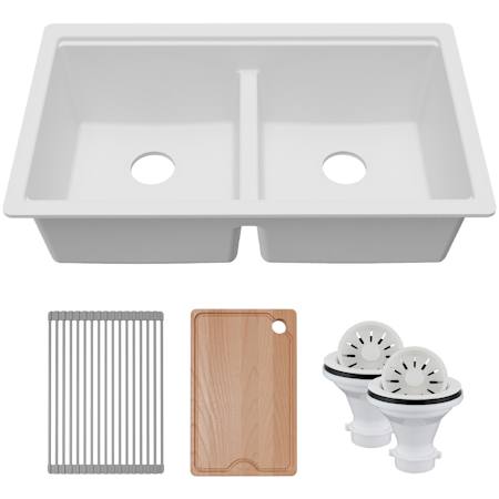 Karran USA Quartz Workstations 33" Undermount Double Basin Quartz Composite Kitchen Sink - Includes Drying Rack, Cutting Board, and Two Strainers White