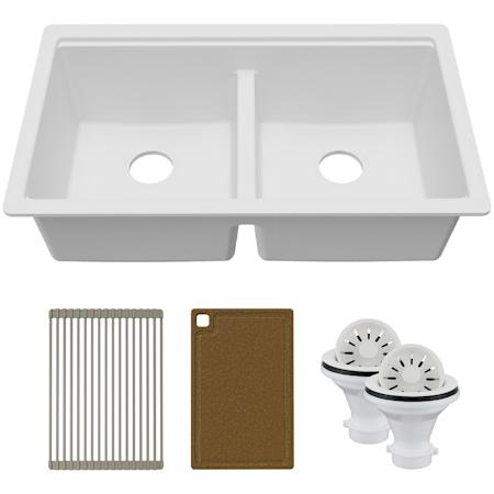 Karran USA Quartz Workstations 33" Undermount Double Basin Quartz Composite Kitchen Sink - Includes Drying Rack, Acacia Cutting Board, and 2 ABS Strainers White