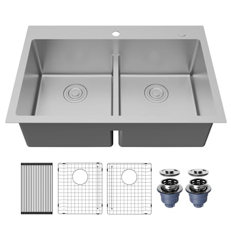 Karran USA Fusion 33" Drop In Double Basin Stainless Steel Kitchen Sink with Basin Rack and Basket Strainer Satin Brushed