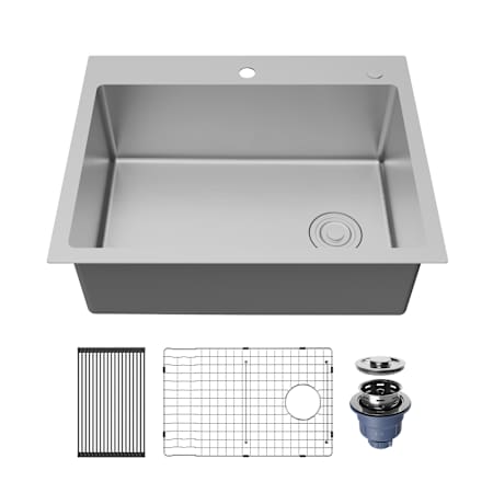 Karran USA Fusion 28" Drop In Single Basin Stainless Steel Kitchen Sink with Basin Rack and Basket Strainer Satin Brushed