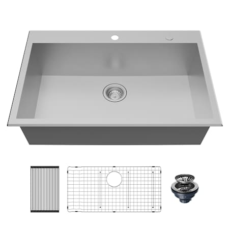 Karran USA Fusion 33" Drop In Single Basin Stainless Steel Kitchen Sink with Centerset Drain, Basin Rack and Basket Strainer Satin Brushed