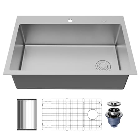 Karran USA Fusion 33" Drop In Single Basin Stainless Steel Kitchen Sink with Basin Rack and Basket Strainer Satin Brushed