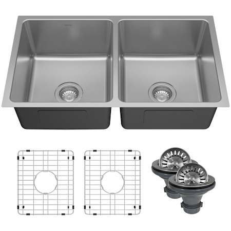 Karran USA Lansen 32" Undermount Double Basin Stainless Steel Kitchen Sink with Basin Rack and Basket Strainer Stainless Steel