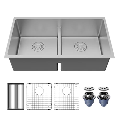 Karran USA Fusion 33" Undermount Double Basin Stainless Steel Kitchen Sink with Basin Rack and Basket Strainer Satin Brushed