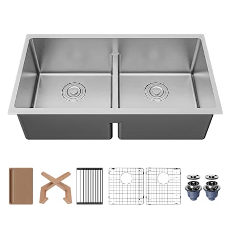 Karran USA Fusion 33" Undermount Double Basin Stainless Steel Kitchen Sink with Basin Rack, Basket Strainer and Cutting Board Satin Brushed
