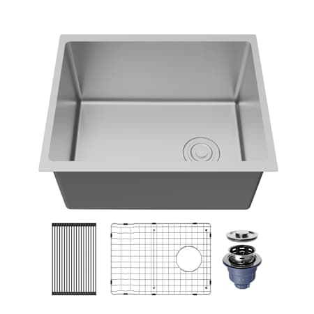 Karran USA Fusion 23" Undermount Single Basin Stainless Steel Kitchen Sink with Basin Rack and Basket Strainer Satin Brushed