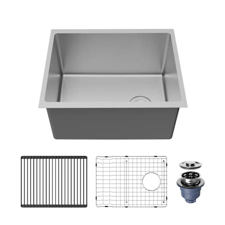 Karran USA Fusion 23" Undermount Single Basin Stainless Steel Kitchen Sink with Right Side Drain, Basin Rack and Basket Strainer Satin Brushed