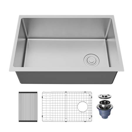 Karran USA Fusion 27" Undermount Single Basin Stainless Steel Kitchen Sink with Basin Rack and Basket Strainer Satin Brushed