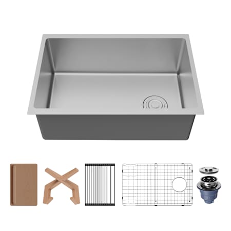 Karran USA Fusion 27" Undermount Single Basin Stainless Steel Kitchen Sink with Basin Rack, Basket Strainer and Cutting Board Satin Brushed