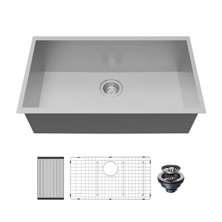 Karran USA Fusion 30-1/2" Undermount Single Basin Stainless Steel Kitchen Sink with Basin Rack and Basket Strainer Satin Brushed