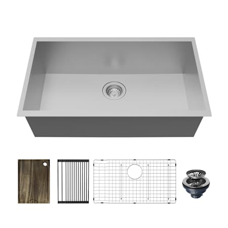 Karran USA Fusion 30-1/2" Undermount Single Basin Stainless Steel Kitchen Sink with Basin Rack, Basket Strainer and Cutting Board Satin Brushed