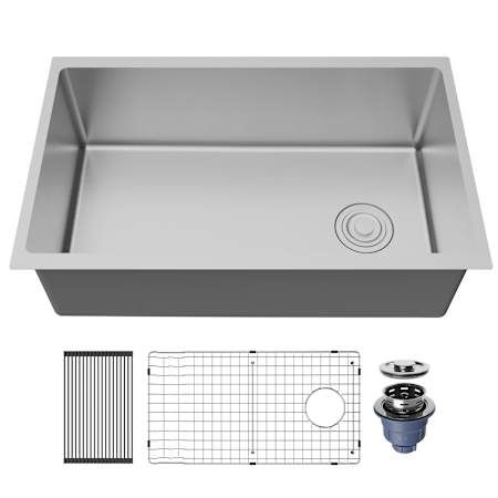 Karran USA Fusion 30" Undermount Single Basin Stainless Steel Kitchen Sink with Basin Rack and Basket Strainer Satin Brushed