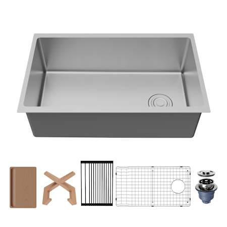 Karran USA Fusion 30" Undermount Single Basin Stainless Steel Kitchen Sink with Basin Rack, Basket Strainer and Cutting Board Satin Brushed