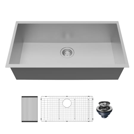 Karran USA Fusion 33" Undermount Single Basin Stainless Steel Kitchen Sink with Centerset Drain, Basin Rack and Basket Strainer Satin Brushed